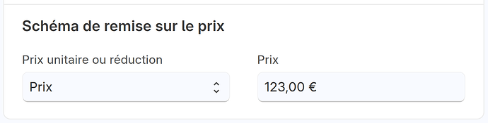 Section Schéma de remise sur le prix. Prix unitaire ou réduction : Prix. Prix : 123 €