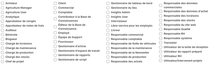 Acheteur ; Agriculture Manager ; Agriculture User ; Analytique ; Approbateur de congés ; Approbateur de notes de frais ; Auditeur ; Bénévole ; Blogueur ; Chargé de livraisons ; Chargé de maintenance ; Chargé de production ; Chargé des stocks ; Chef de projet ; Client ; Commercial ; Comptable ; Contributeur à la Base de Connaissances ; Éditeur de la Base de Connaissance ; Employé ; Équipe de Support ; Fournisseur ; Gestionnaire d'article ; Gestionnaire d'espace de travail ; Gestionnaire de rapports ; Gestionnaire de script ; Gestionnaire de tableau de bord ; Gestionnaire du lieu ; Insights Admin ; Insights User ; Intervieweur ; Libre-service pour les employés ; Livreur ; Responsable commercial ; Responsable comptable ; Responsable de flotte de véhicules ; Responsable de la maintenance ; Responsable de la Newsletter ; Responsable de production ; Responsable des achats ; Responsable des données commerciales ; Responsable des données d'achat ; Responsable des livraisons ; Responsable des stocks ; Responsable du site web ; Responsable Qualité ; Responsable RH ; Responsable système ; Translator ; Utilisateur de la boîte de réception ; Utilisateur de rapport préparé ; Utilisateur RH ; Utilisateur/intervenant projets