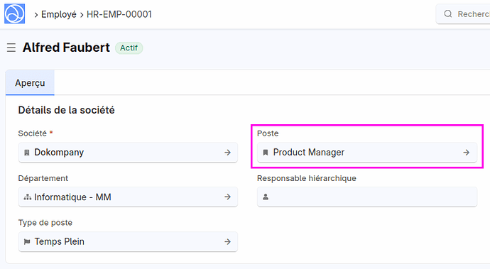 Employé HR-EMP-00001 ; Alfred Faubert ; Actif ; Onglet : Aperçu, Section : Détails de la société, Poste : Product Manager