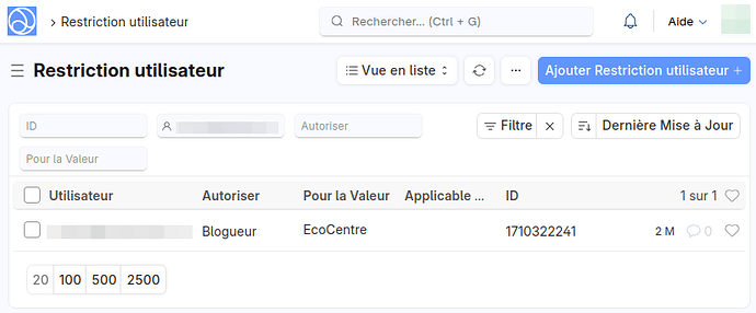 Liste : Restriction Utilisateur